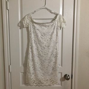 Off-the-shoulder white floral body con dress